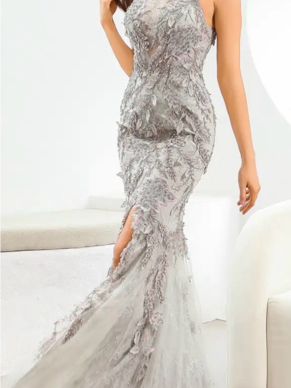 Terani Couture Silver Gray Embellished Mermaid Gown